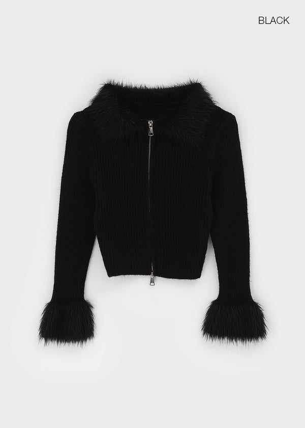 Dencel Fur Collar Knit Zip-Up