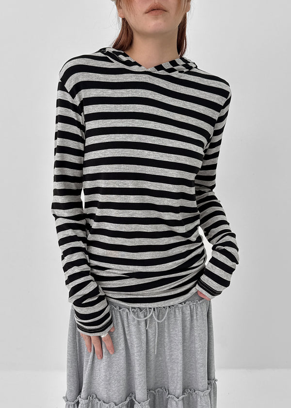 Diyan Stripe Long Hooded Long Sleeve T-shirt