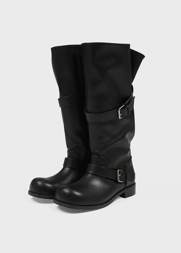 Herun Slouchy Buckle Leather Long Boots