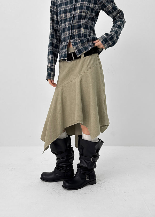 Moric Washed Uneven Midi Skirt (belt Set)