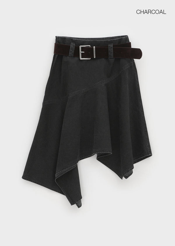 Moric Washed Uneven Midi Skirt (belt Set)