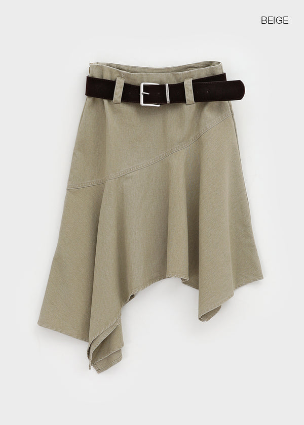 Moric Washed Uneven Midi Skirt (belt Set)