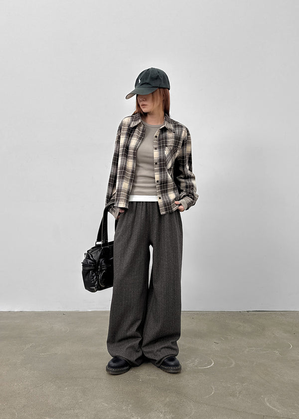 Hoto Peach Fleece Semi-crop Check Shirt