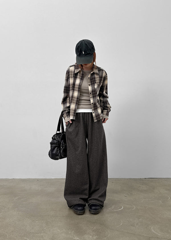 Hoto Peach Fleece Semi-crop Check Shirt