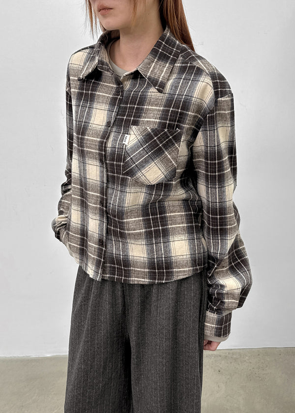 Hoto Peach Fleece Semi-crop Check Shirt