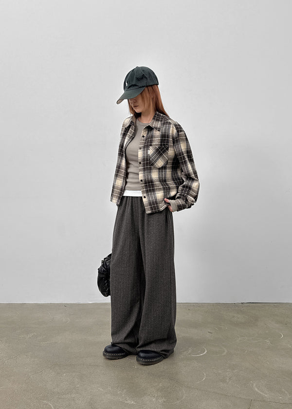 Hoto Peach Fleece Semi-crop Check Shirt