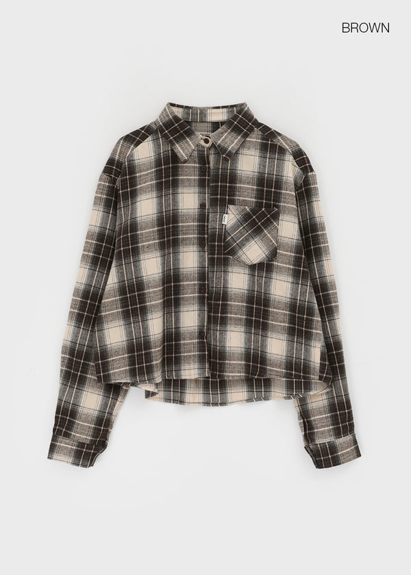 Hoto Peach Fleece Semi-crop Check Shirt