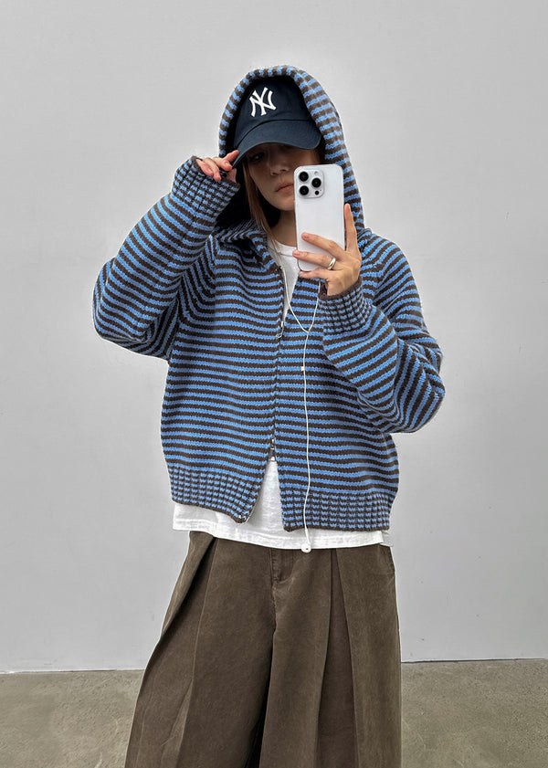 Plidi Stripe Knit Hooded Zip-up