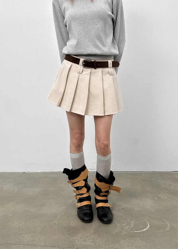 Daggle Pleated Corduroy Mini Skirt Pants (belt Set)