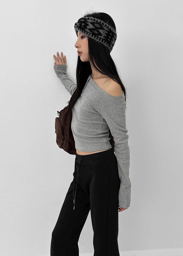 Two-collar Henley Neck Off-shoulder Long-sleeved T-shirt