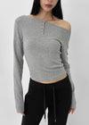 Two-collar Henley Neck Off-shoulder Long-sleeved T-shirt