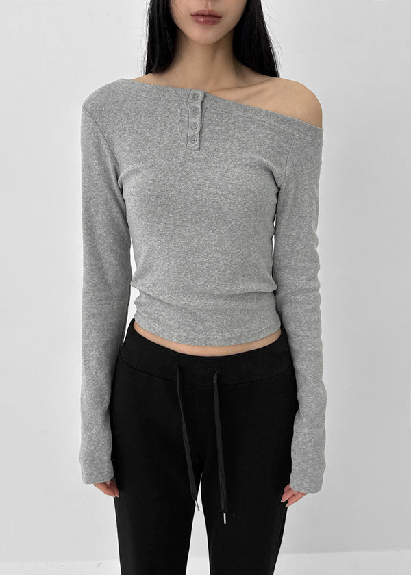 Two-collar Henley Neck Off-shoulder Long-sleeved T-shirt