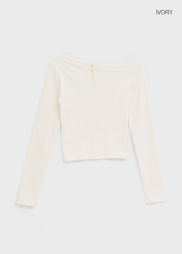 Two-collar Henley Neck Off-shoulder Long-sleeved T-shirt