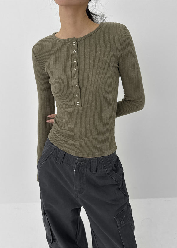 Sislin Henley Neck Ribbed Wool Long Sleeve Tee