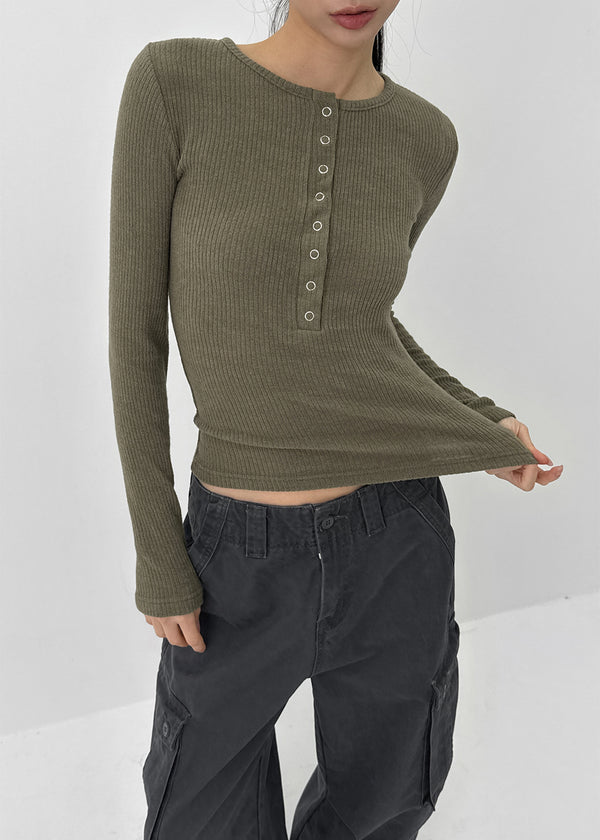 Sislin Henley Neck Ribbed Wool Long Sleeve Tee