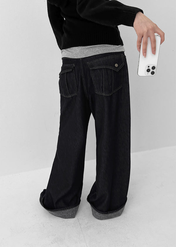 Clean Raw Fabric Fleece Wide Denim Pants