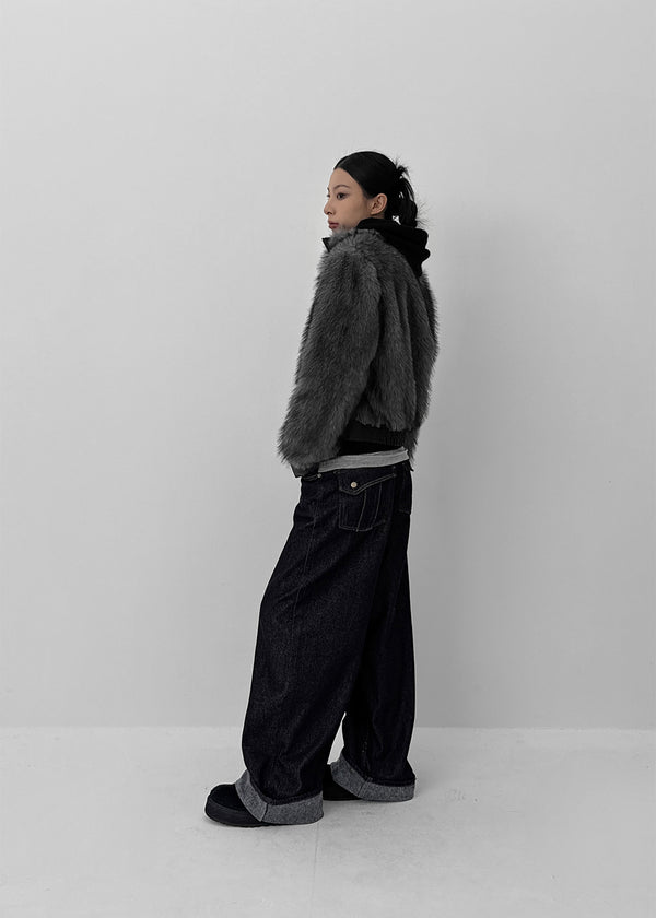 Clean Raw Fabric Fleece Wide Denim Pants
