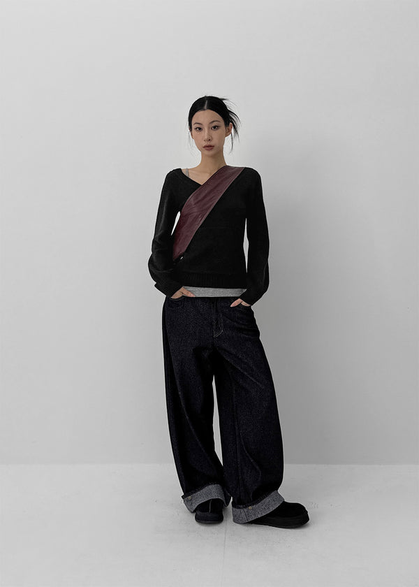 Clean Raw Fabric Fleece Wide Denim Pants