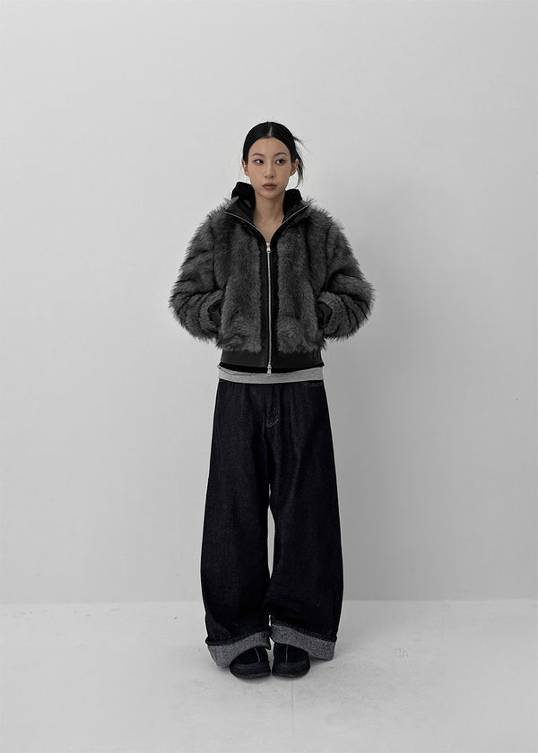 Clean Raw Fabric Fleece Wide Denim Pants