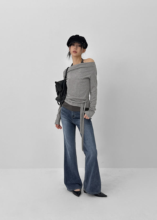 Kepol Layered Strap Off-shoulder Long Sleeve T-shirt