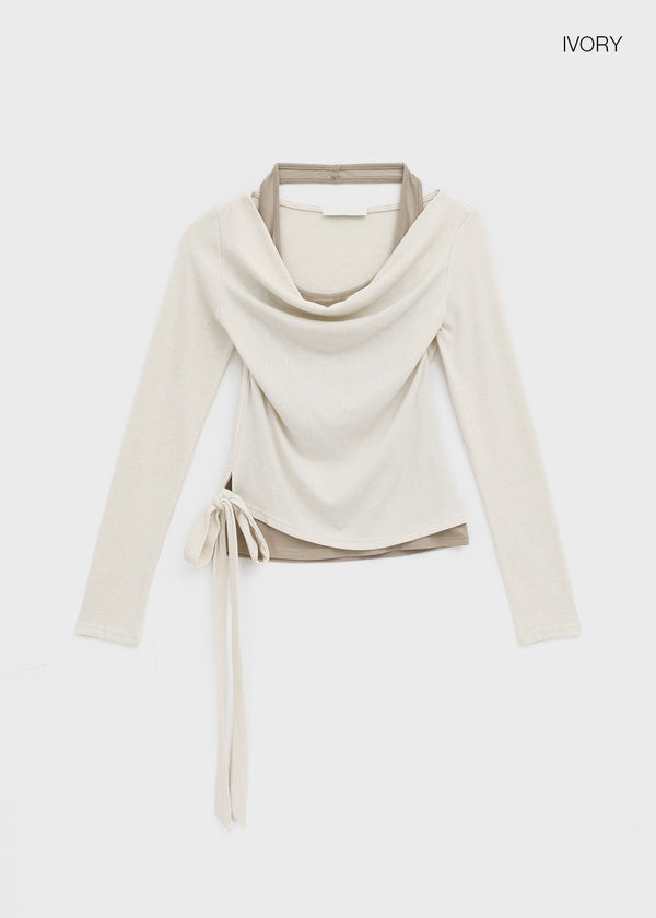 Kepol Layered Strap Off-shoulder Long Sleeve T-shirt