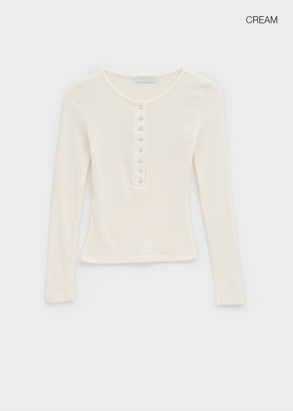 Sislin Henley Neck Ribbed Wool Long Sleeve Tee