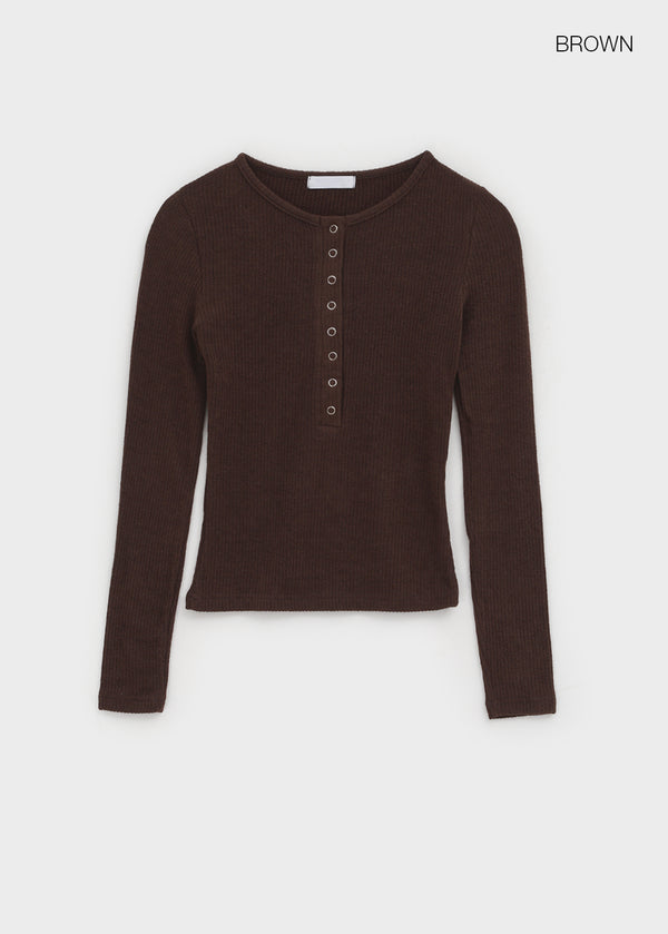 Sislin Henley Neck Ribbed Wool Long Sleeve Tee