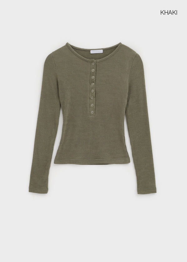 Sislin Henley Neck Ribbed Wool Long Sleeve Tee