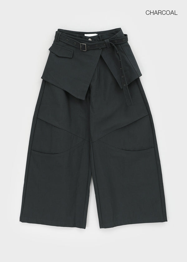 Mekoi Set - Eyelet Belt, Wrap Skirt, Wide Pants