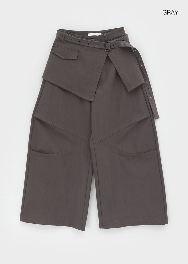 Mekoi Set - Eyelet Belt, Wrap Skirt, Wide Pants