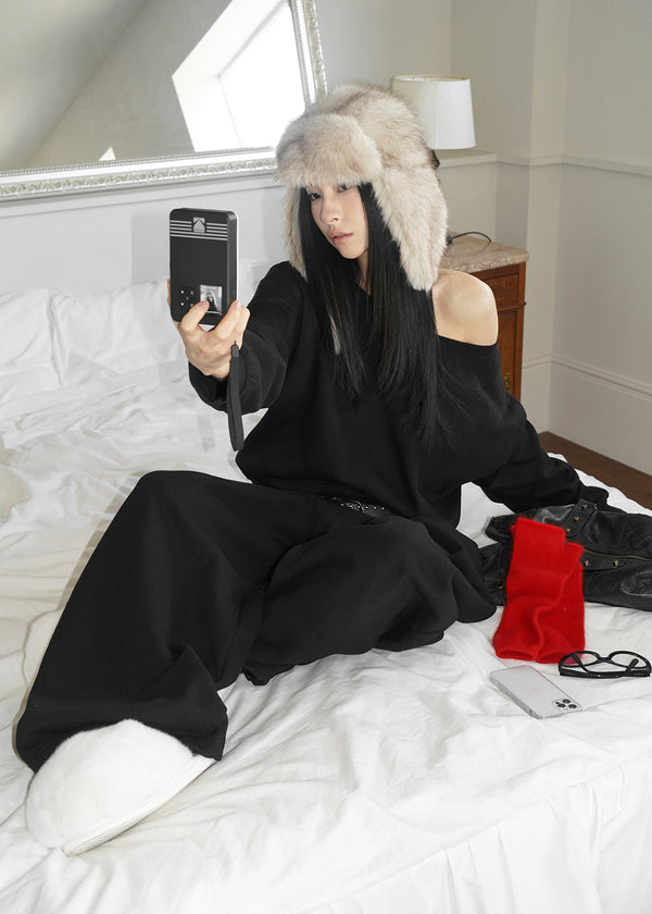 Laveson Fleece Off-shoulder Man-to-man