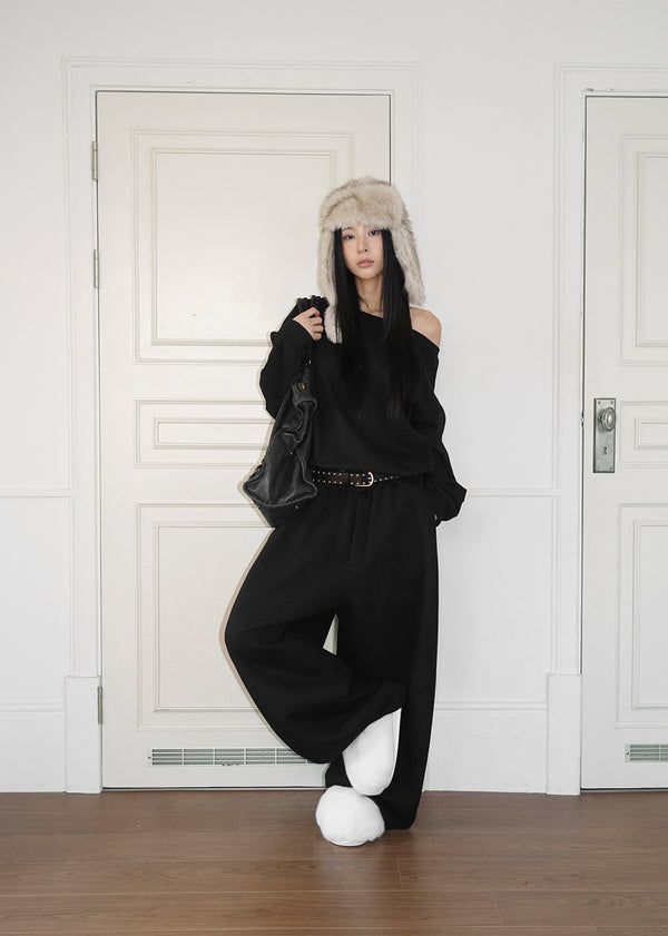 Laveson Fleece Off-shoulder Man-to-man