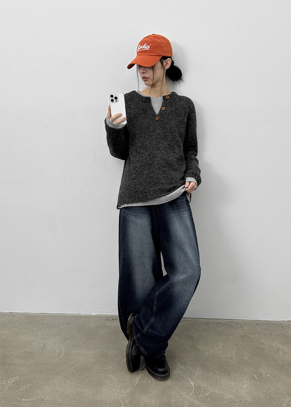 Heyra Washed Fleece Balloon Fit Denim Pants