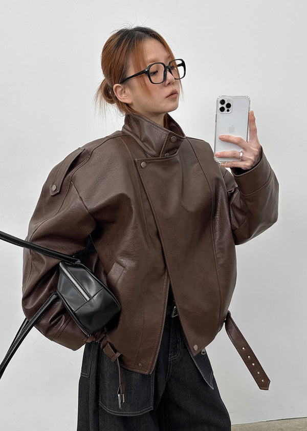 Shagle High-neck Fur Leather Jumper (2 Types)