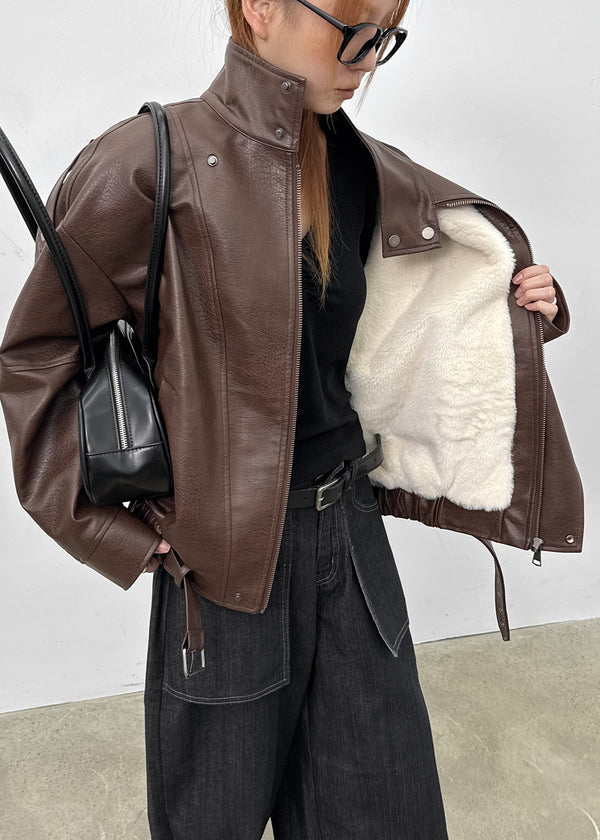 Shagle High-neck Fur Leather Jumper (2 Types)