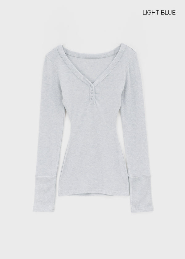 Aesra V-neck Button-down Wool Long-sleeved T-shirt