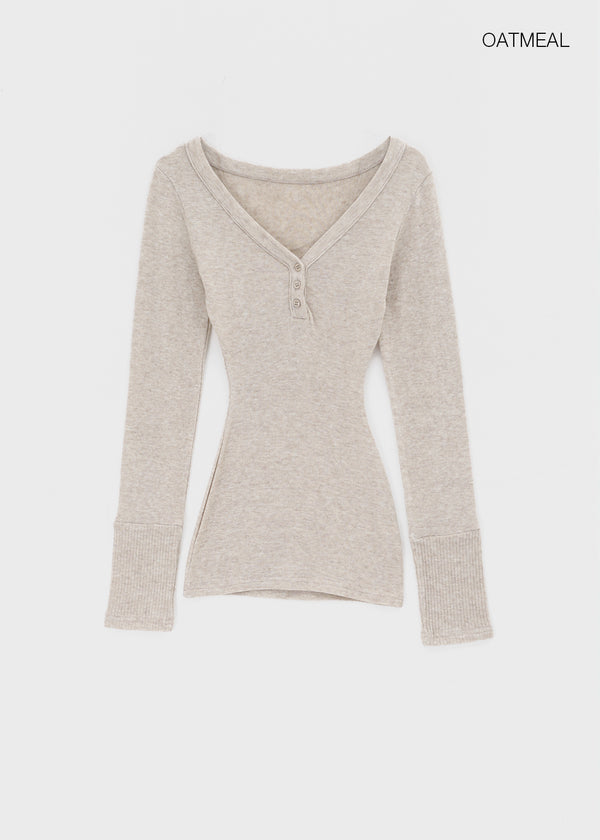 Aesra V-neck Button-down Wool Long-sleeved T-shirt