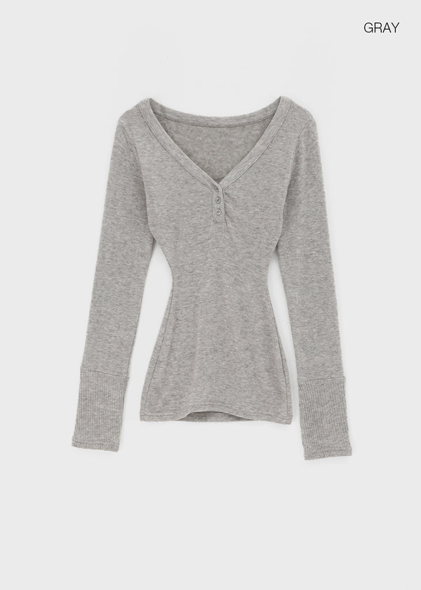 Aesra V-neck Button-down Wool Long-sleeved T-shirt