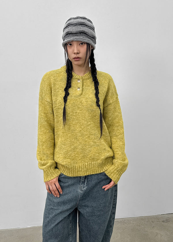 Cowl-lun Button Wool Loose-fit Knit