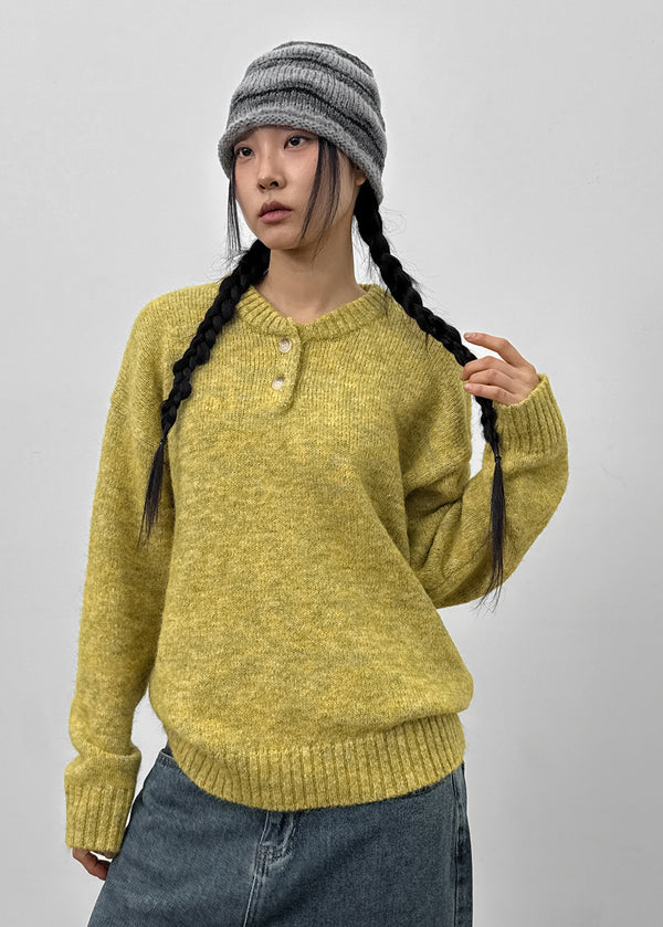Cowl-lun Button Wool Loose-fit Knit