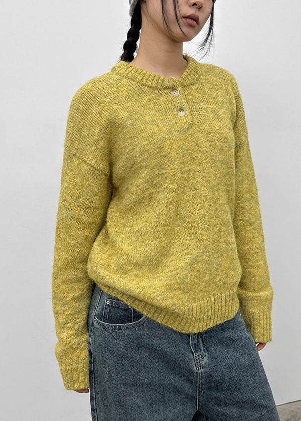 Cowl-lun Button Wool Loose-fit Knit