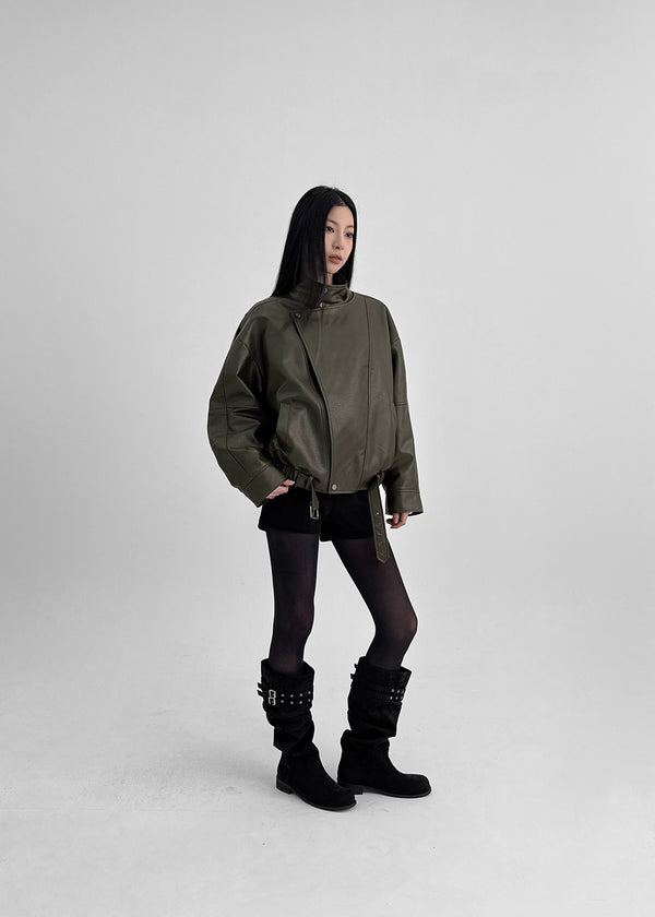 Shagle High-neck Fur Leather Jumper (2 Types)