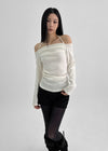 Poron Shirring Strap Off-shoulder Fleece Long-sleeved T-shirt