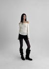 Poron Shirring Strap Off-shoulder Fleece Long-sleeved T-shirt