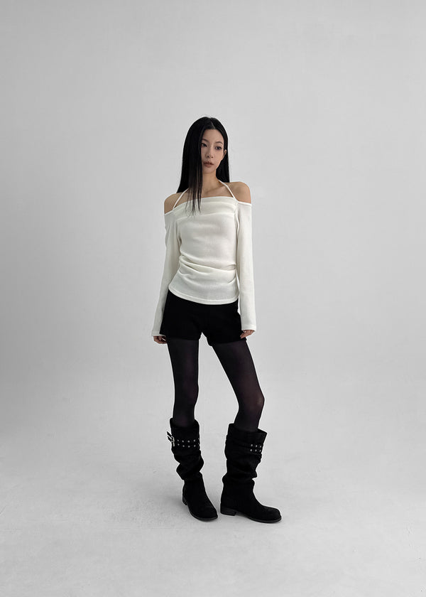 Poron Shirring Strap Off-shoulder Fleece Long-sleeved T-shirt