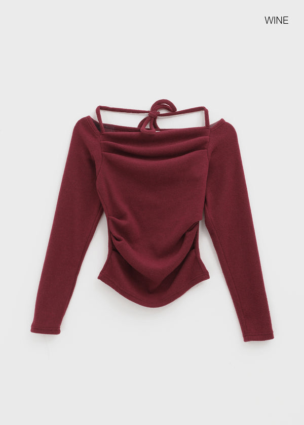 Poron Shirring Strap Off-shoulder Fleece Long-sleeved T-shirt
