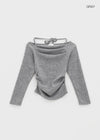 Poron Shirring Strap Off-shoulder Fleece Long-sleeved T-shirt