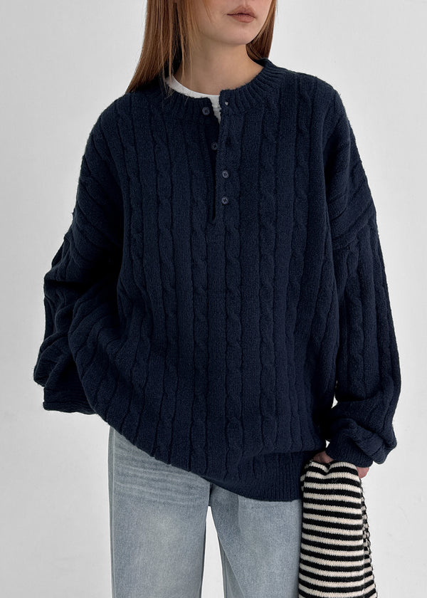 (UNISEX) Nyanyong Cable Henley Neck Loose Fit Knit