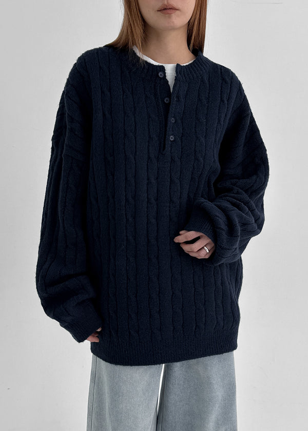 (UNISEX) Nyanyong Cable Henley Neck Loose Fit Knit