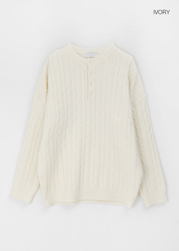 (UNISEX) Nyanyong Cable Henley Neck Loose Fit Knit